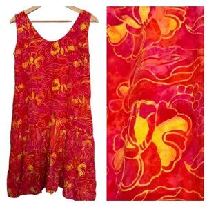 Bali Batiks Red Yellow Hawaiian Hand Painted Tiered Sleeveless Dress Beach SMALL